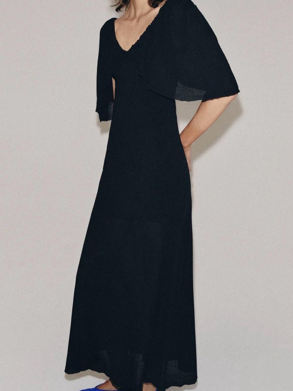 Zara Black V-Neck Maxi Dress with Cape Sleeves
